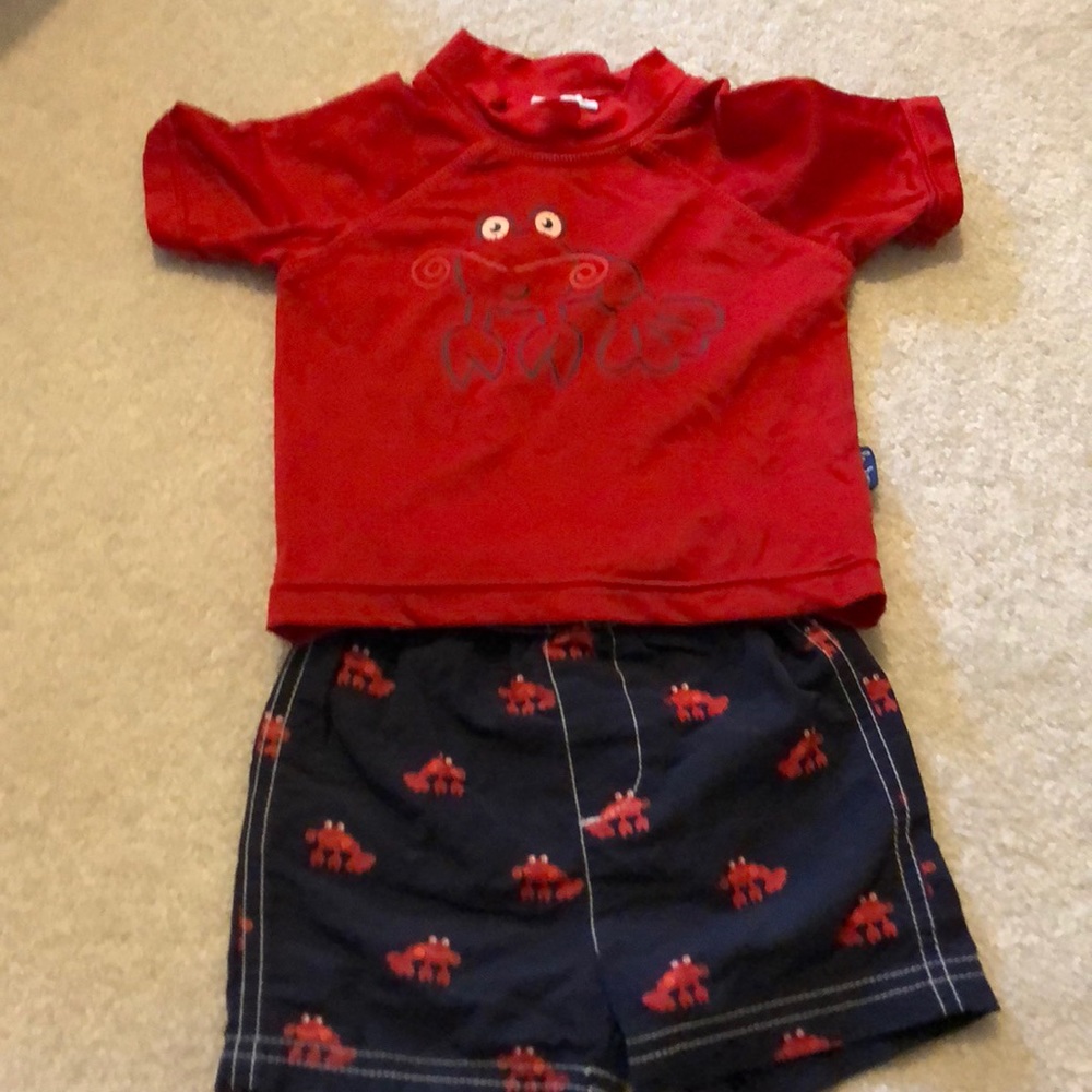 Le Top crab swim trunks and rash guard. 3-6 months
